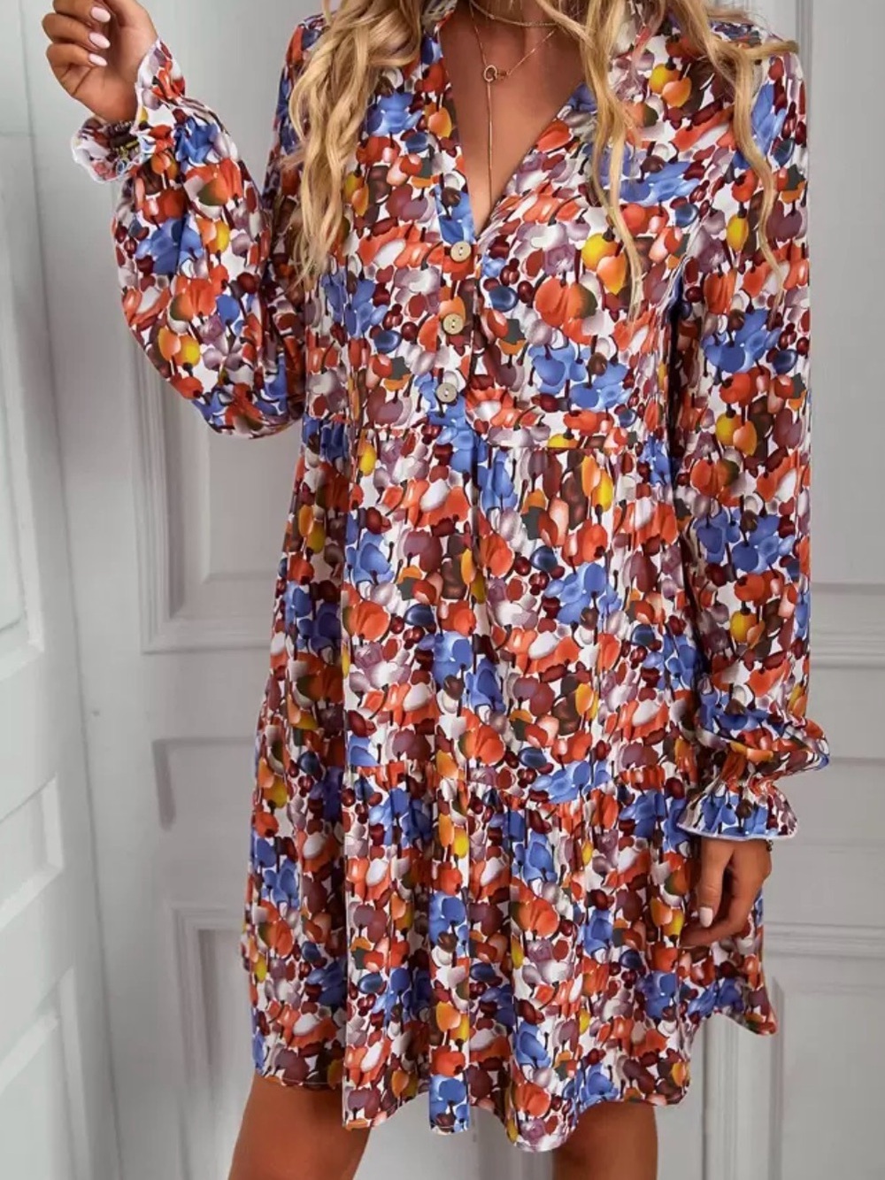 SHEIN Orange, Blue & Brown Floral Button Front Dress